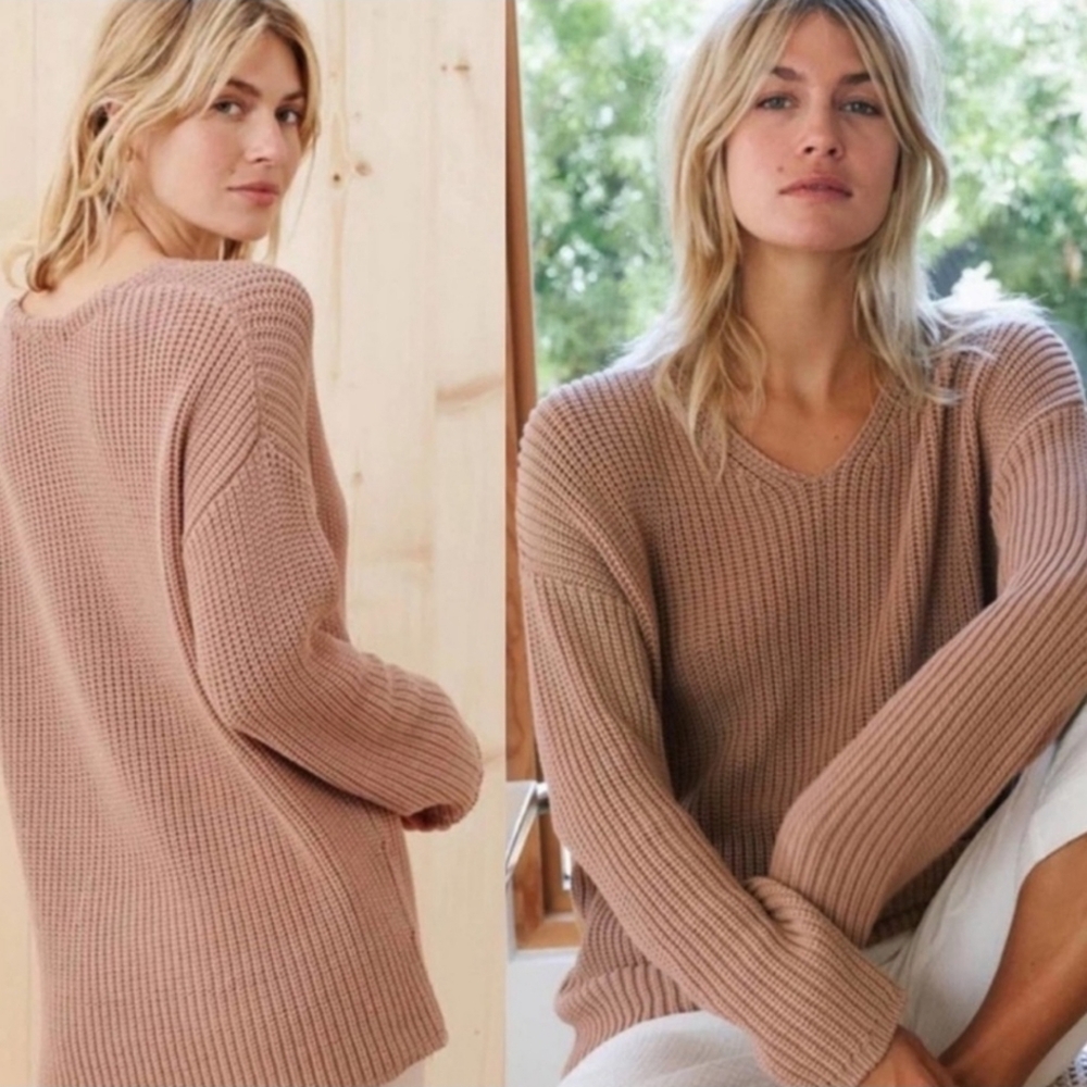Jenni Kayne Cotton Cabin Minimalist Cozy Sweater in Rose